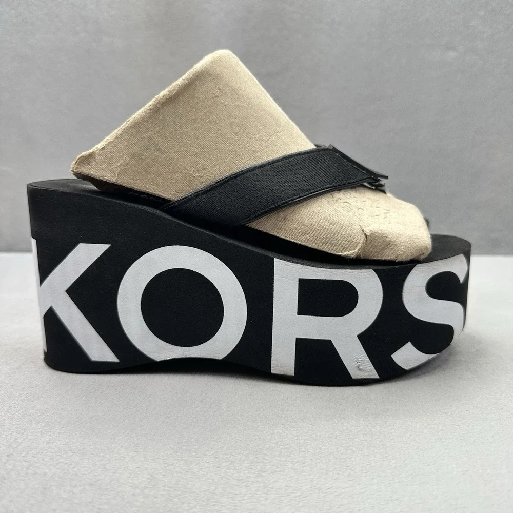 Michael Kors Benny Womens Size 6 Flip Flops Platform Black White Wedge MK‎ Logo